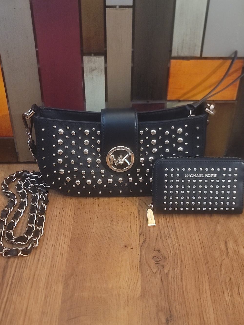 Michael Kors Black Studded Crossbody and Matching Wallet